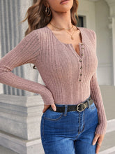 Ribbed Knit Half Button Tee